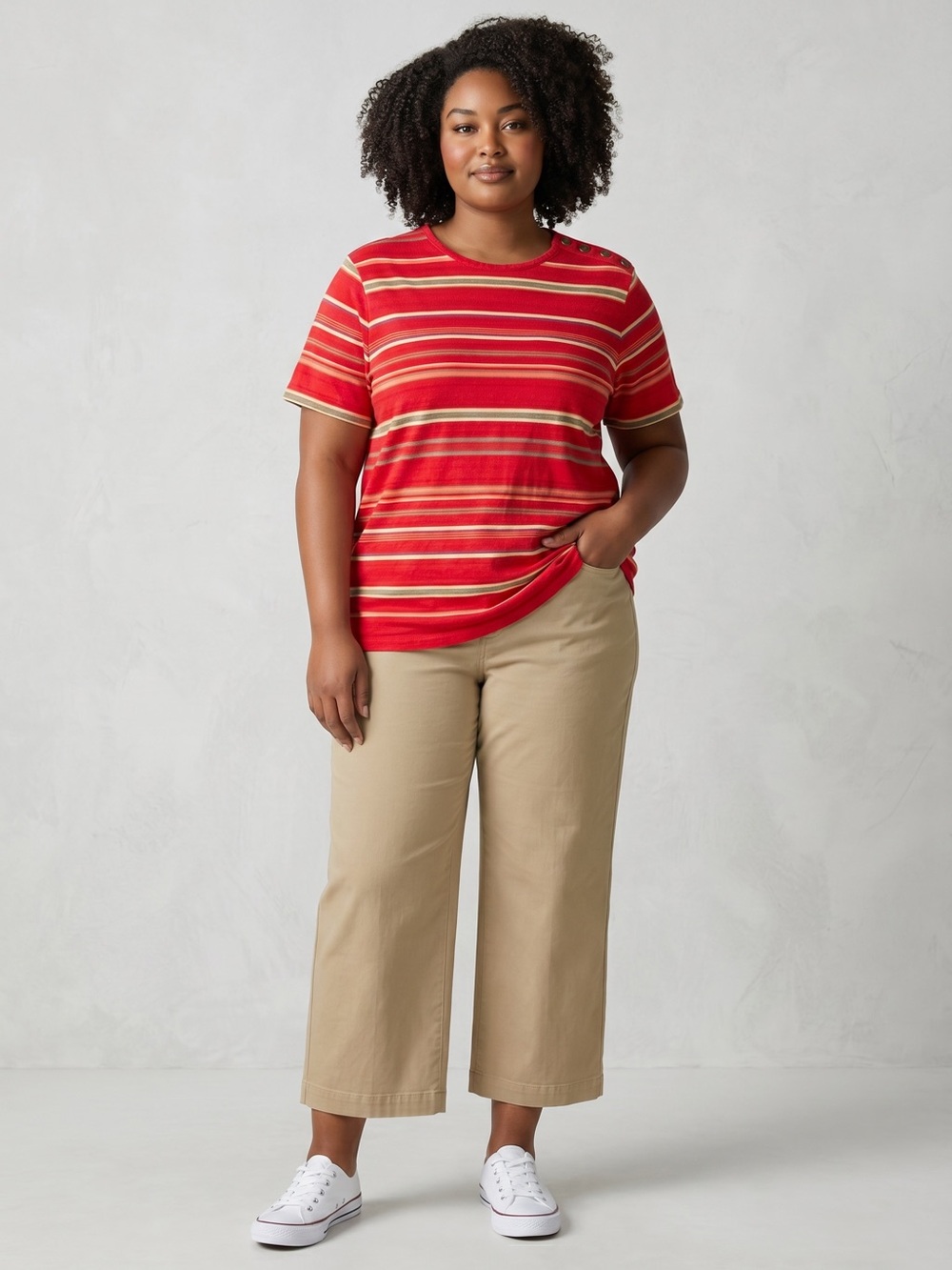 Lauren Ralph Lauren Red Striped 1X Short Sleeve Button Shoulder Casual top